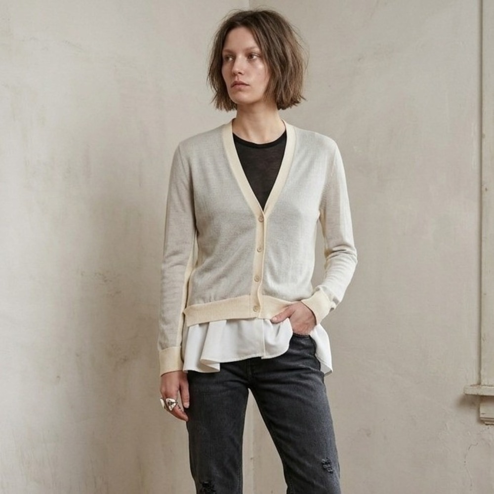 McQ Alexander McQueen Womens Cardigan Medium Beige Layered Peplum Wool Preppy